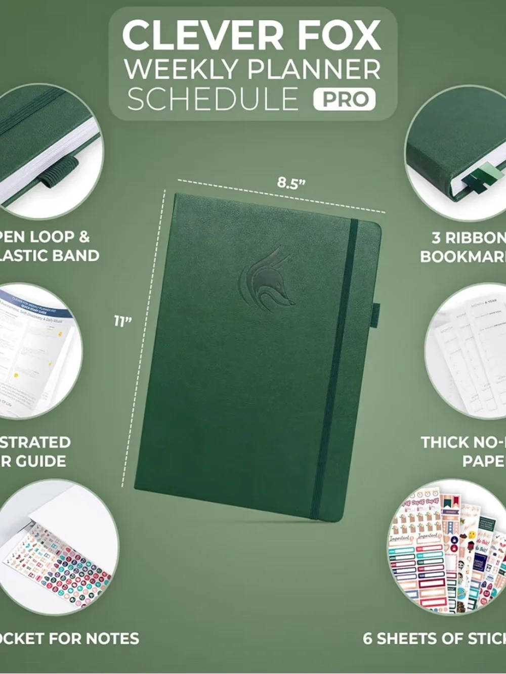 Clever Fox Pro Dated Hourly Weekly Planner - Dark Green $35